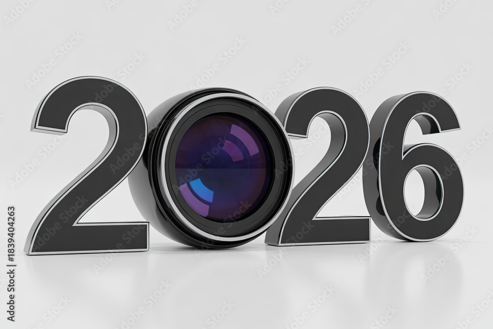 custom made wallpaper toronto digitalPhotography 2026 concept with camera lens replacing zero in glossy black numbers