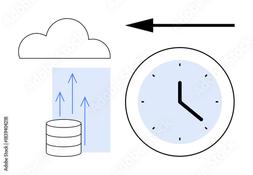 Cloud computing concept. Cloud storage and database symbols with clock indicating time optimization. Cloud computing transforms data management, storage, and digital efficiency. Ideal for IT