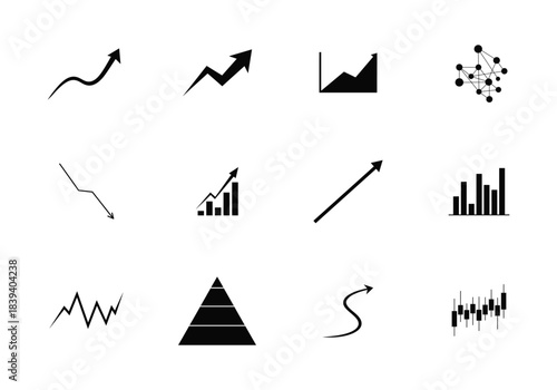 Graph icon set.Including Statistic and data, charts diagrams, money, down or up arrow. Silhouette vector illustration