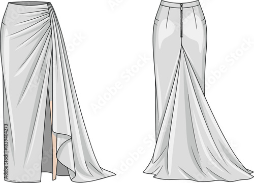 Technical fashion illustration of high-slit draped skirt with pleated train, fitted waist, front and back views, elegant garment construction sketch
