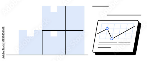 Stacked boxes beside a tablet showing a growth chart with data points. Ideal for business, analytics, logistics, inventory management, supply chain, performance tracking, simple flat metaphor