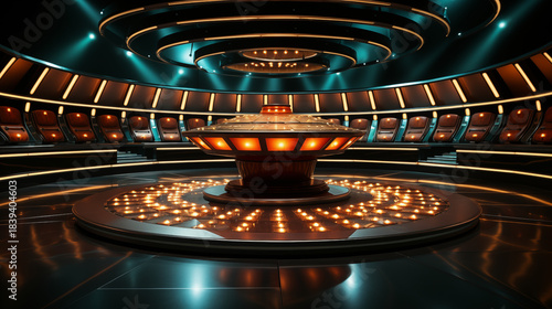 3d rendering, interior design of a futuristic sci-fi circular stage with steps and an led screen display, bright blue and orange light shines on the top center of the podium, creating a sense