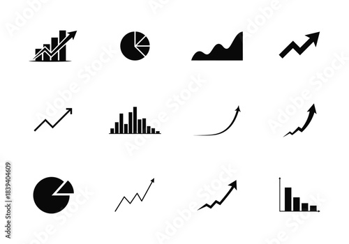 Graph icon set.Including Statistic and data, charts diagrams, money, down or up arrow. Silhouette vector illustration