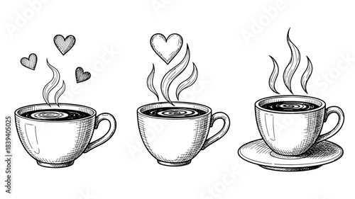 Three cups of coffee with heart shaped steam rising from each sketch style
