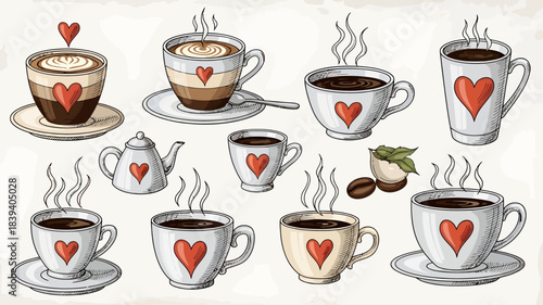 Watercolor illustration of various coffee cups with heart shapes for valentine s day