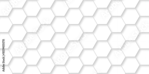 Abstract white paper hexagon geometric creative wall decoration mosaic. white hexagon technology. vector grid honeycomb soccer hexagonal cell structure tile mess. emboss bee background.