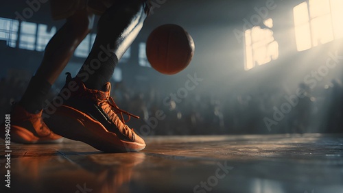Wallpaper Mural Basketball pic layup, person actively playing basketball. basketball player dribbling a ball on a brightly lit indoor court. Professional basketball dribble player. Basketball hall background.  Torontodigital.ca