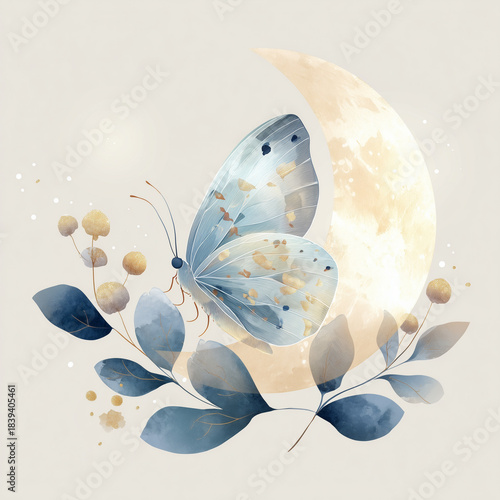 Isolated adorable butterfly, moon, and leaf trio in soft colors on white background