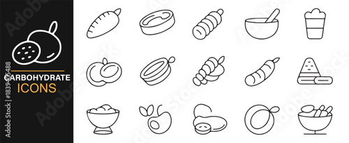 Carbohydrate icon pack featuring fruits, grains, tubers, pasta, and other energy-rich ingredients