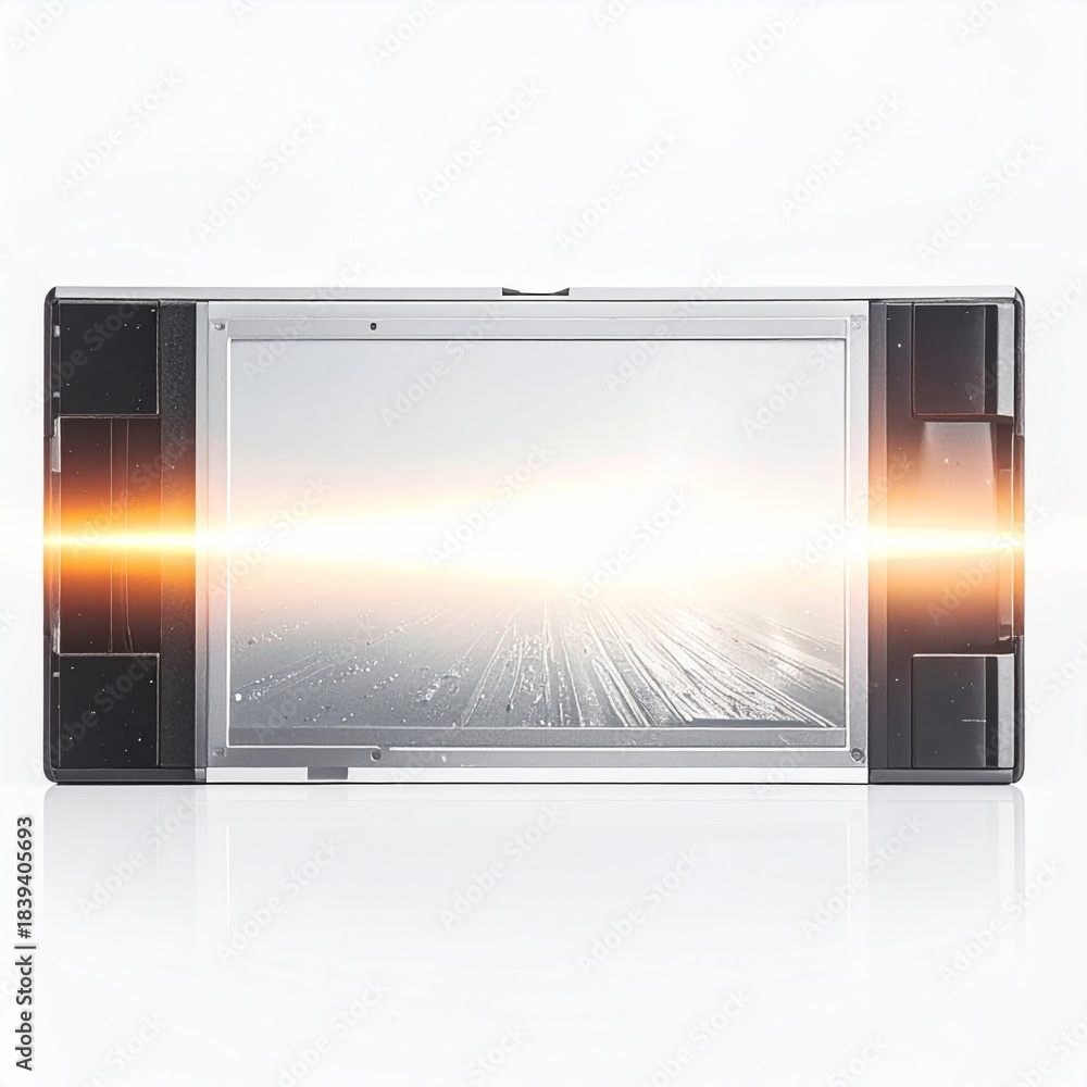Fototapeta premium Modern Digital Screen Display with Bright Orange Light Beams on White Background