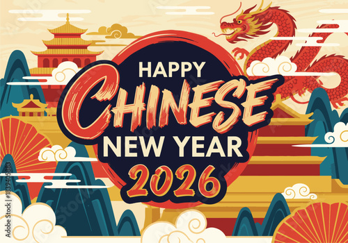 Celebrate the Year of the Red Dragon with a Vibrant Happy Chinese New Year 2026 Illustration