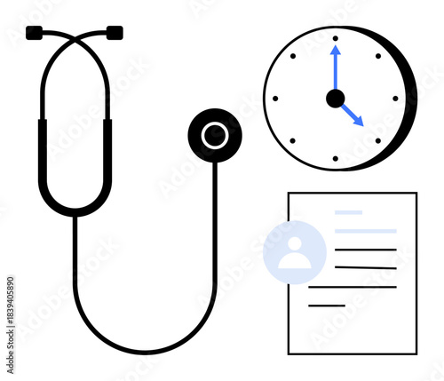 Healthcare planning, medical scheduling, time management, patient records, clinical service, diagnosis workflow. Clock, stethoscope and patient form displayed. Healthcare planning and medical
