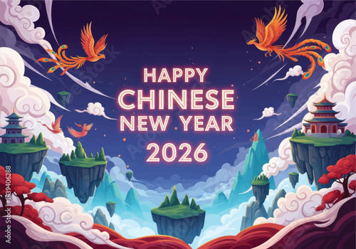 Enchanting celebration of Chinese New Year 2026, featuring majestic phoenixes flying above a celestial realm of ancient pagodas and ethereal floating islands in a vibrant night sky