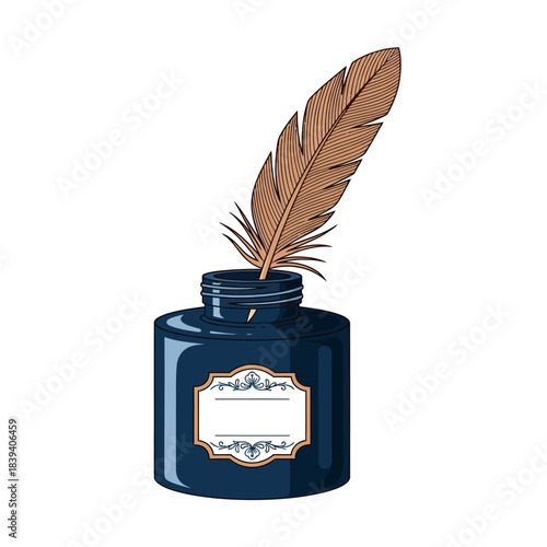 Elegant vintage dark blue inkwell with a brown feather quill pen, featuring a decorative blank label.