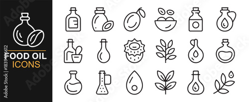 Organic oil illustration set featuring fruit kernels, flasks, seeds, leaves, and liquid drops