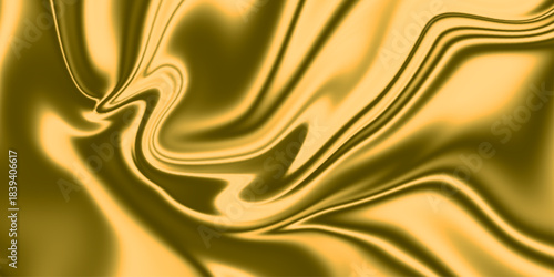 Golden, black and silver overflowing colors, Fluid art texture. Golden yellow fabric drapery background. 3d illustration, 3d rendering. Gold luxury satin fabric texture for background. Pleated fabric.