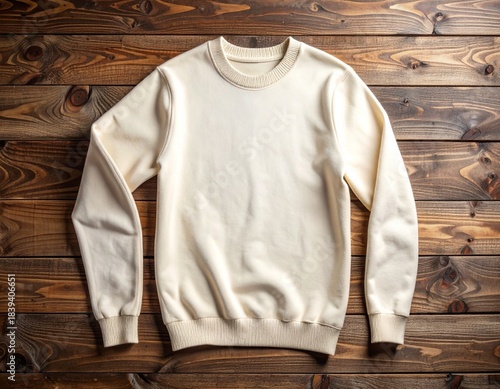 Cream Colored Long Sleeve Sweater Flat Lay on Rustic Wooden Table