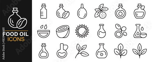 Simple outline graphics of cooking oils, natural ingredients, and plant-based extraction symbols