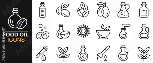 Food-grade oil icon bundle showing seeds, sunflowers, olives, coconuts, and extraction containers