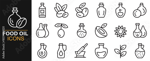 Modern line-style icons of edible oils, plants, nuts, and raw organic ingredients