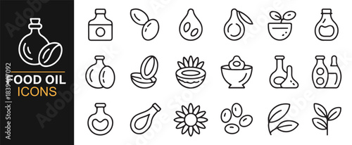 Minimalist vector icons representing olive oil, sunflower oil, coconut oil, and organic ingredients
