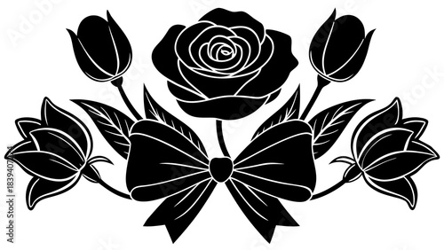 Elegant black and white floral arrangement silhouette featuring a central rose and decorative bow design