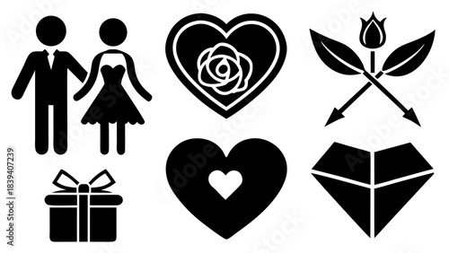 Collection of black and white romantic icons representing love relationships celebration and commitment symbols