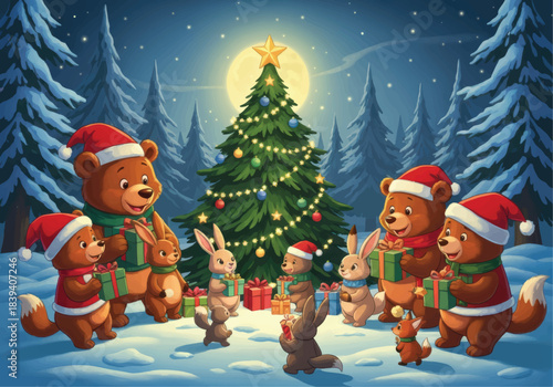 A heartwarming Christmas celebration in a snowy forest featuring adorable animal friends exchanging festive gifts under a glowing star