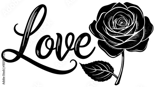Elegant black and white calligraphy script spelling love beside a detailed engraved rose flower design