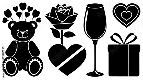Black silhouette icons set featuring a teddy bear rose glass heart and gift box perfect for romance