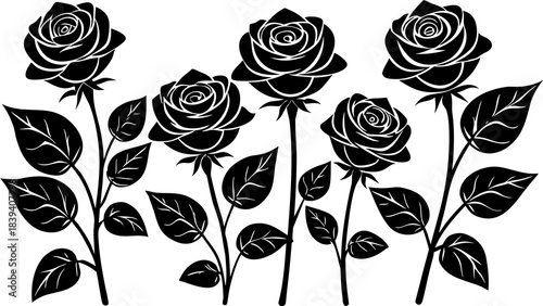 Elegant black and white silhouette design featuring five detailed rose flowers with stems and leaves
