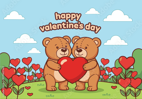 A heartwarming illustration depicting two adorable teddy bears lovingly sharing a big red heart, surrounded by charming heart-shaped flowers, celebrating the joyous spirit of Valentine's Day