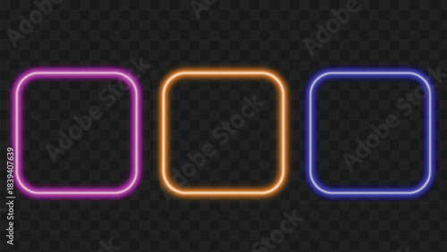 Neon glowing frame in pink, yellow and blue color vector illustration on transparent background.