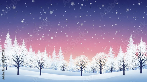 Winter Wonderland: Witness the magical beauty of a winter wonderland. Trees are beautifully coated in snow under a gradient color sky, with gentle snowflakes falling down.