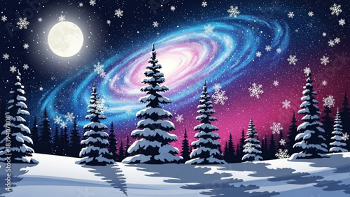 Winter Wonderland Galaxy: Snowy landscape with a full moon and swirling galaxy, creating a magical winter scene.
