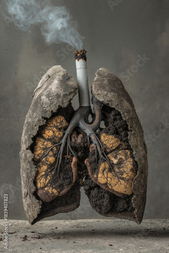 Smoky lungs conceptual image depicting smoking effects and health risks with cigarette and damaged organs