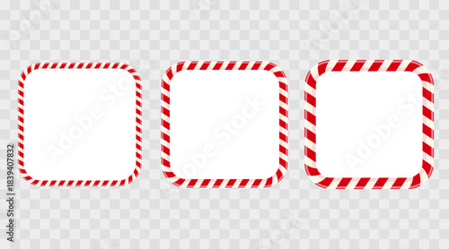 Set of rectangular candy cane frames with seamless Christmas stripes. Festive red and white borders perfect for holiday cards, invitations, banners, and winter-themed designs.