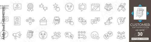 customer satisfaction line icon set featuring feedback rating, service, review, star, quality, survey, opinion, and user experience vector symbols