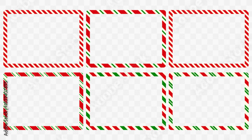 Set of three rectangular Christmas frames made of candy canes with red, green, and white stripes. Ideal for holiday cards, banners, invitations, and festive templates. Vector illustration.