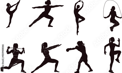 Silhouettes of women exercising and practicing various fitness activities