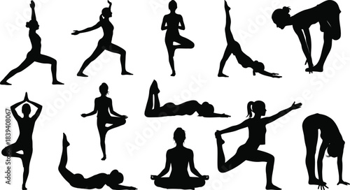 Silhouettes of people practicing various yoga poses and meditative positions