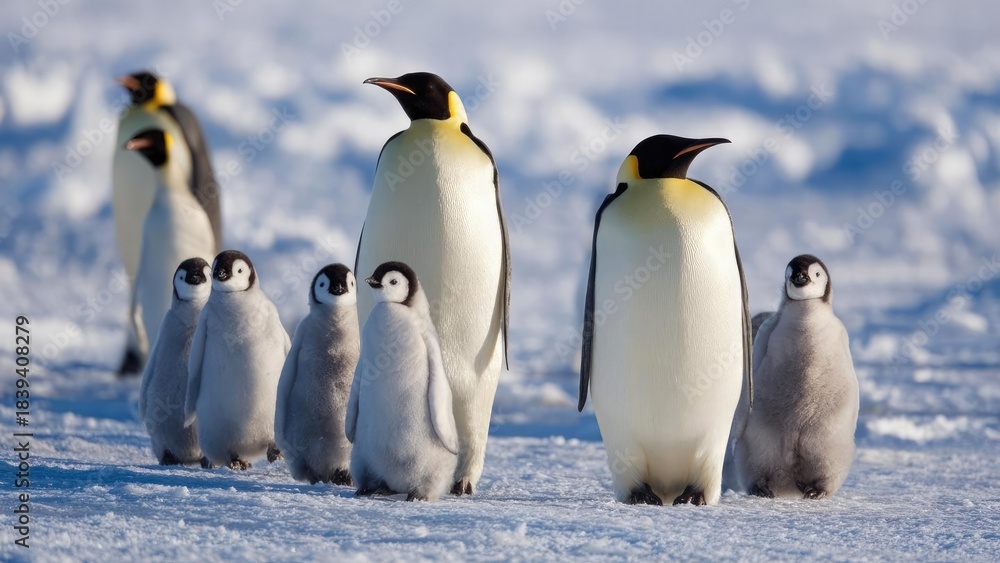 Fototapeta premium Emperor penguins with chicks on a snowy Antarctic ice field. Concept Emperor penguins and chicks, Antarctic ice field, snowy landscape, wildlife photography, cold climate