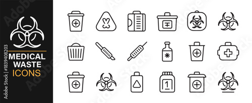 Laboratory waste safety icon collection featuring biohazard containers and contamination symbols