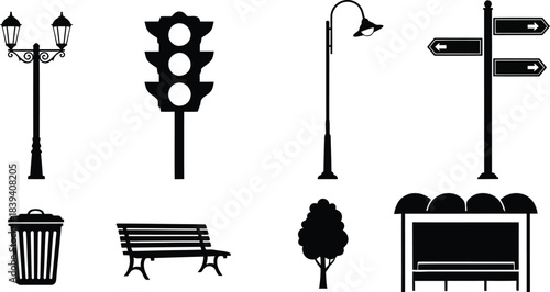 Black silhouette set of urban street elements including lighting and furniture