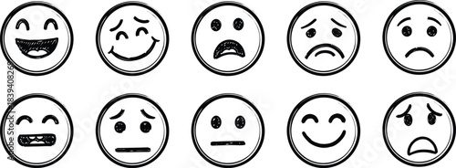 Collection of hand drawn oval faces displaying various human emotions