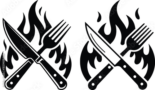 Flaming Chef Knife and Fork Logo Design.