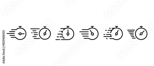 Stopwatch vector and Timers icon set with motion lines indicating speed and agility, fast time icon, countdown timer vector illustration isolated on transparent background. Editable strokes.