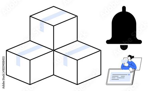 E-commerce concept. E-commerce packages stacked, a notification bell, and a person checking an online order. E-commerce logistics, notifications, and online shopping tools. Ideal for technology