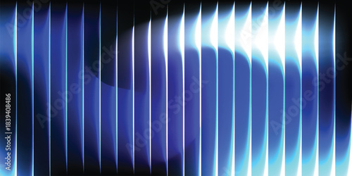 Neon ripple glass gradient in blue & violet on dark black background | ribbed distorted light waves futuristic glow texture vector