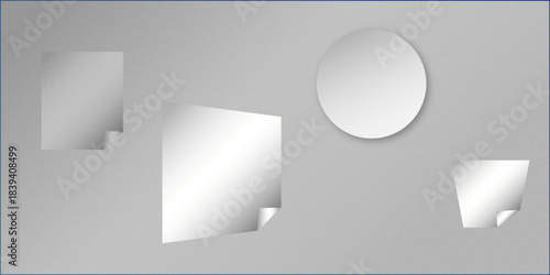 Square white sticky note paper pack, cut out. Empty oblong sticky label mockup with curl. Clear adherent tag template for glass door or wall. Random shifted white cube boxes block background